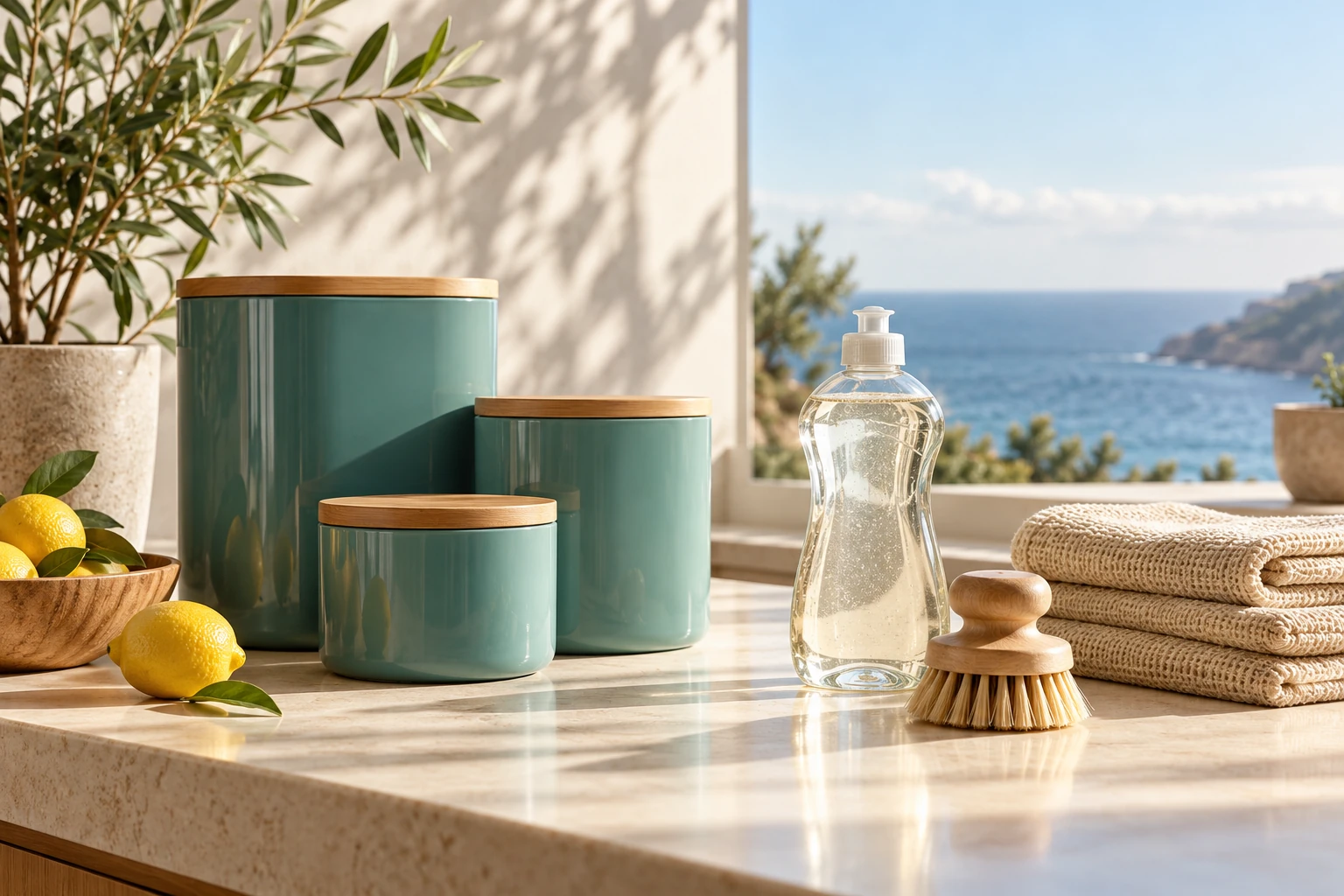 Illustrative coastal household essentials arrangement